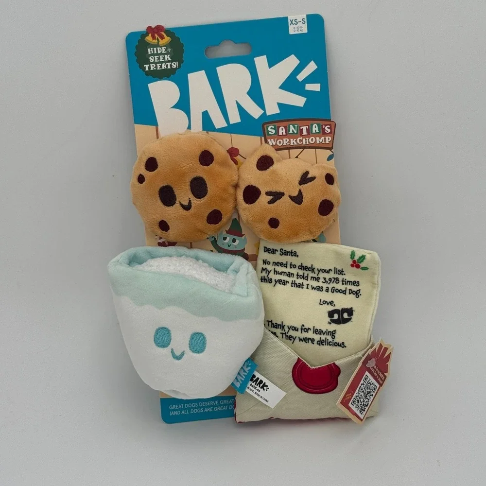 BARK Santa's Workchomp Holiday Dog Toy Set Squeaky Plush Letter Cookies Milk